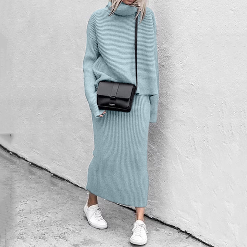 Lumina Wear Natalie relaxed knit pullover and ribbed skirt set for women, displayed on a model in a cozy, casual outfit.