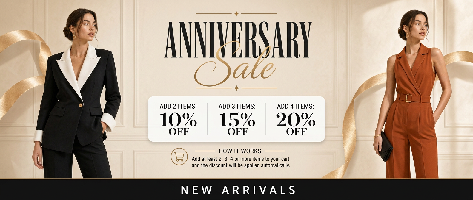 Promotional banner for an anniversary sale with two models and discount information.