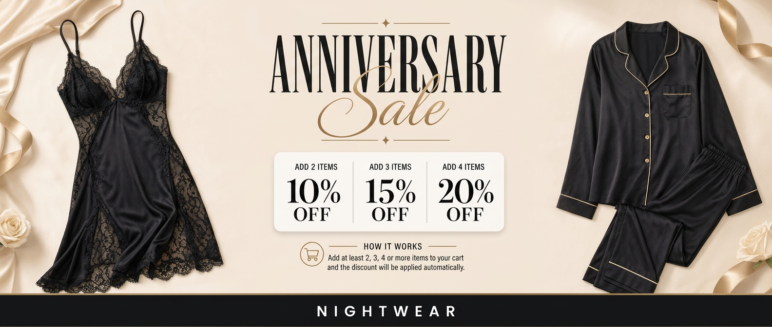 Promotional banner for nightwear with black lace dress and pajama set, featuring anniversary sale text and discounts.
