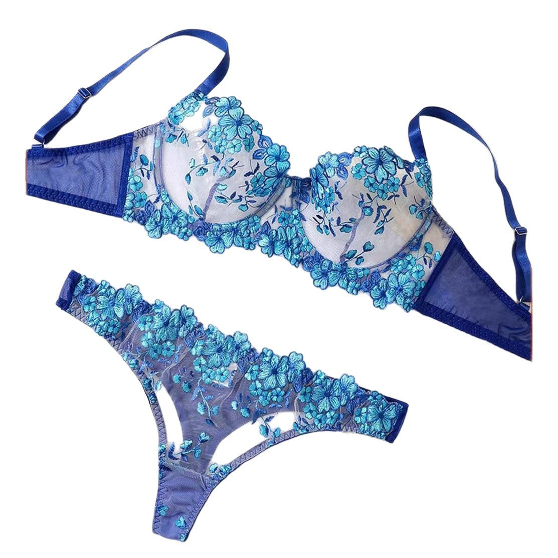 Blue floral embroidery lingerie set by Lumina Wear featuring delicate lace and intricate floral details.