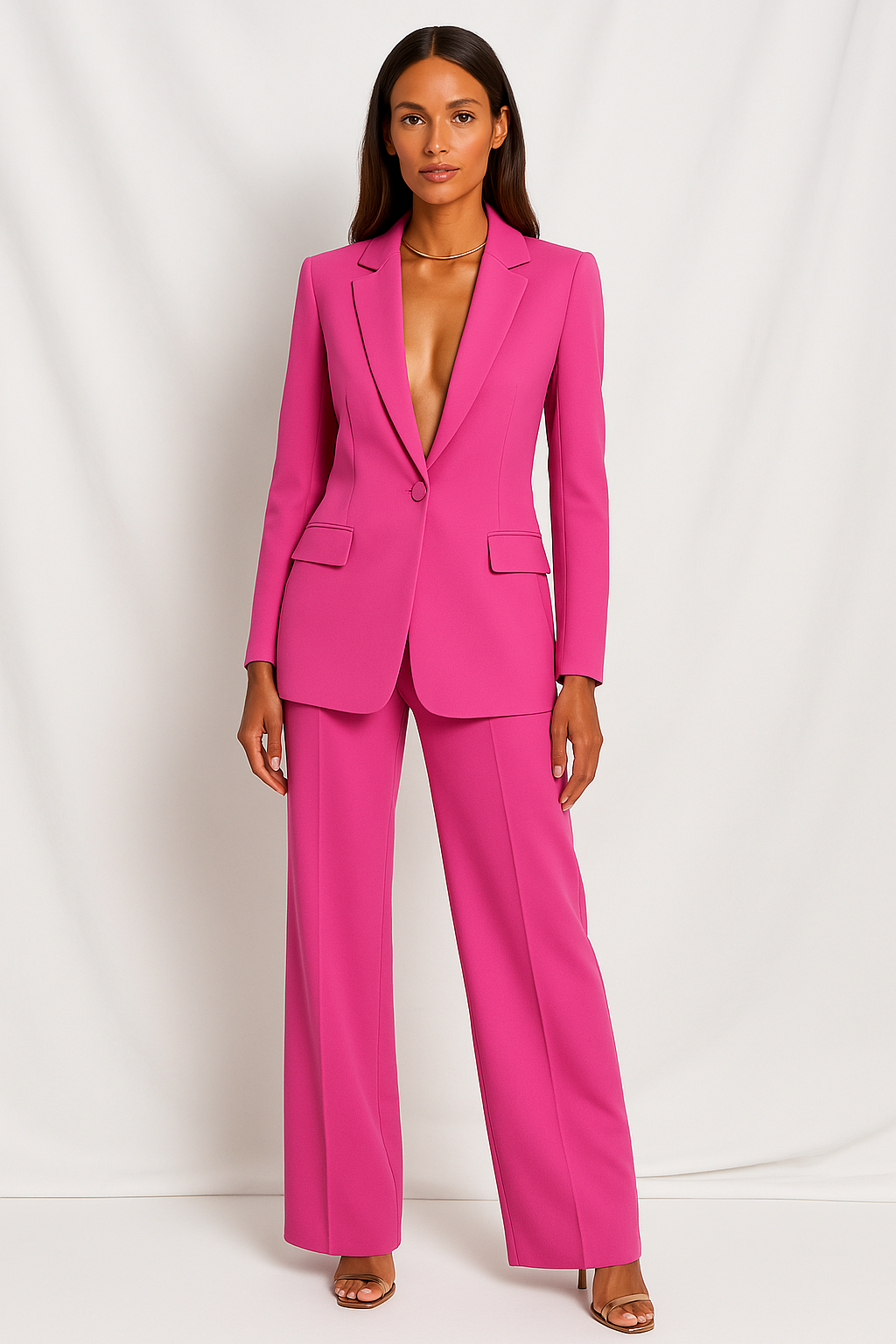 Olivia Lumina women's tailored trouser suit set with plunging neckline, stylish formal wear, black fabric, modern design.