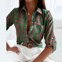 Brightly patterned Lumina Wear Peyton relaxed fit blouse for women with bold design and comfortable fit, shown on a model.