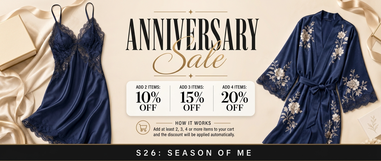 Promotional banner for an anniversary sale with a navy blue nightgown and robe on a beige background.