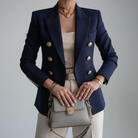 Sarah Lumina fitted blazer with gold buttons, tailored design and sleek style, perfect for professional or formal wear.