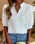 Lumina Wear Serena elegant puff sleeve blouse with V neckline, showcasing a stylish and sophisticated women’s fashion top.