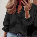 Lumina Wear Serena elegant blouse with ruffle details and V-neck, showcasing a stylish and sophisticated women's blouse.