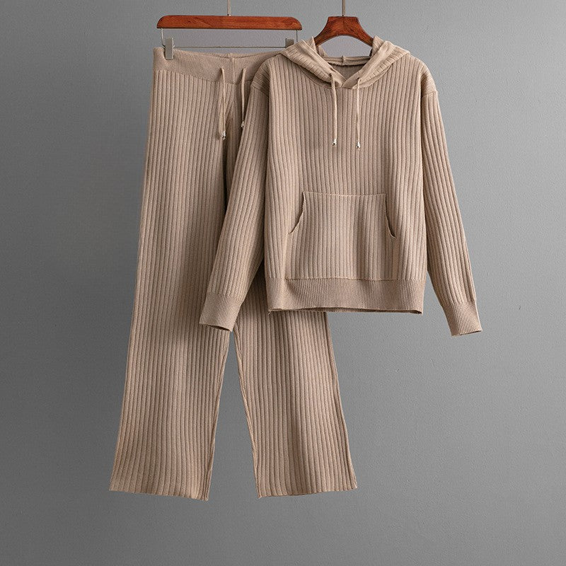 Serena Lumina Wear ribbed stretch cotton blend lounge set with drawstring hoodie, featuring a relaxed fit and comfortable design.