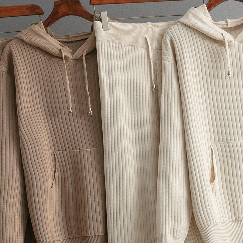 Lumina Wear Serena ribbed stretch cotton blend lounge set with drawstring hoodie, comfortable loungewear for relaxing.