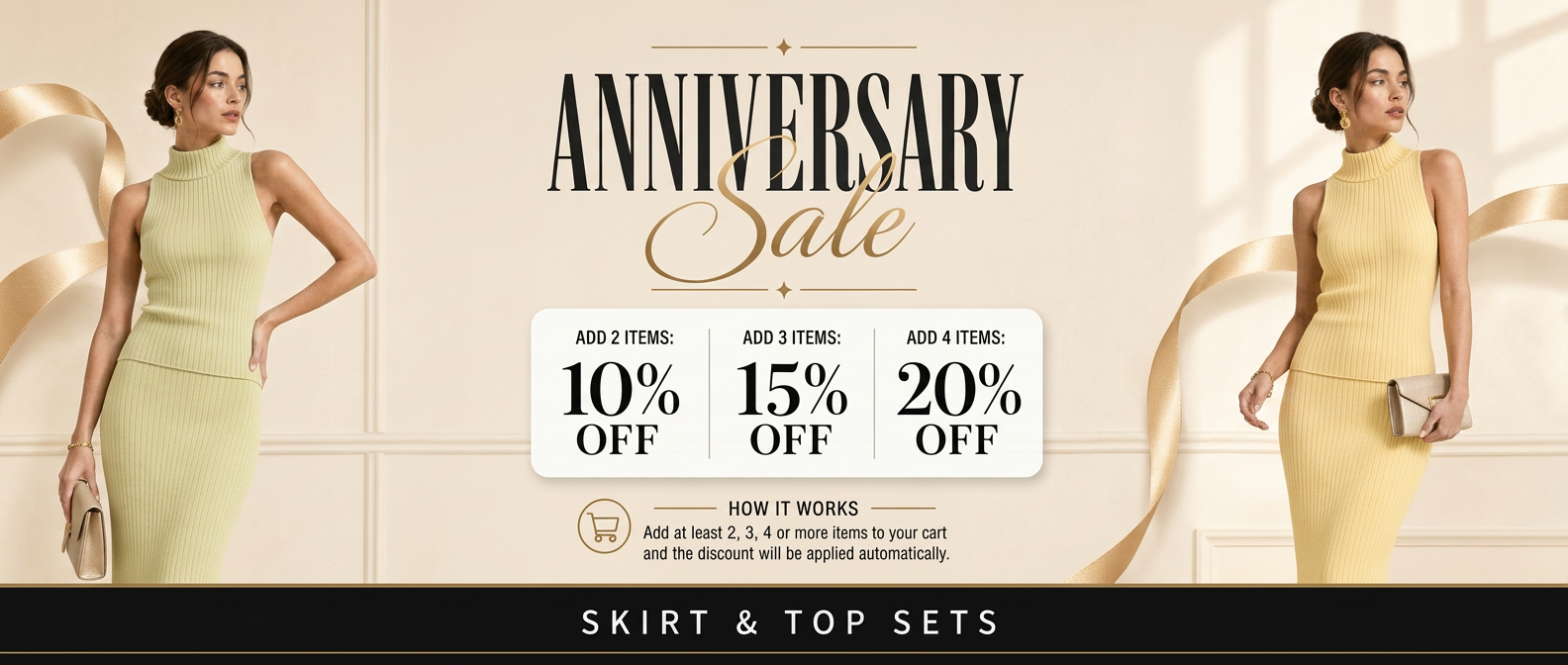 Promotional banner for an anniversary sale with a woman in a yellow dress, featuring discount percentages on a beige background.