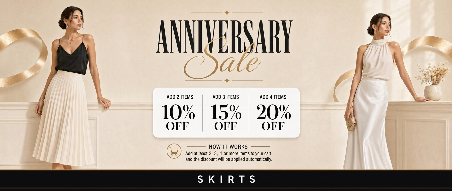 Promotional banner for an anniversary sale on skirts with two women in dresses and discount information.