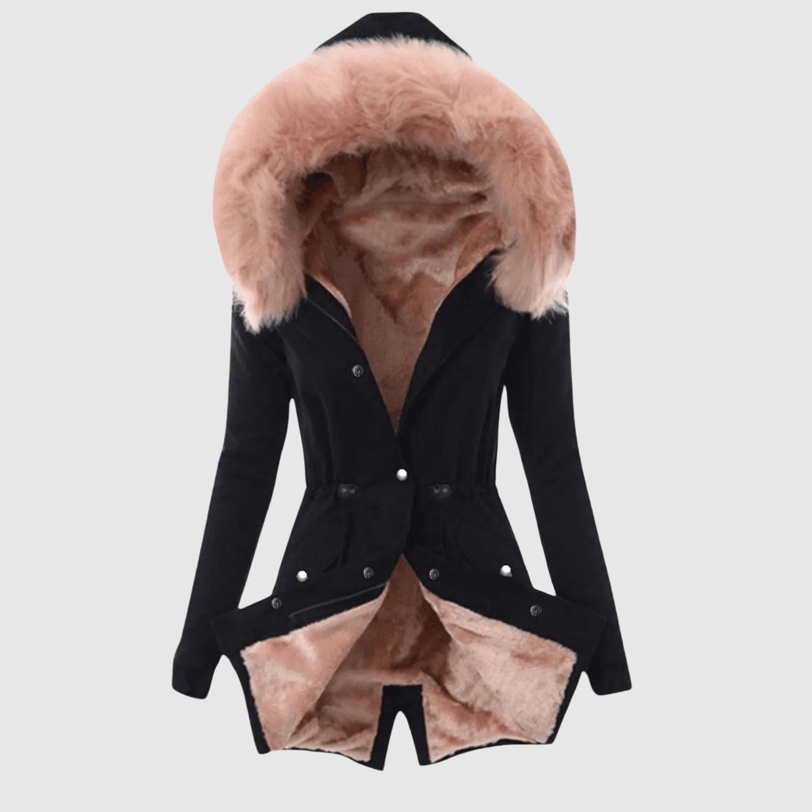 Sofia Amoretti cozy hooded parka by Lumina Wear featuring a sleek zipper closure and warm, stylish design.