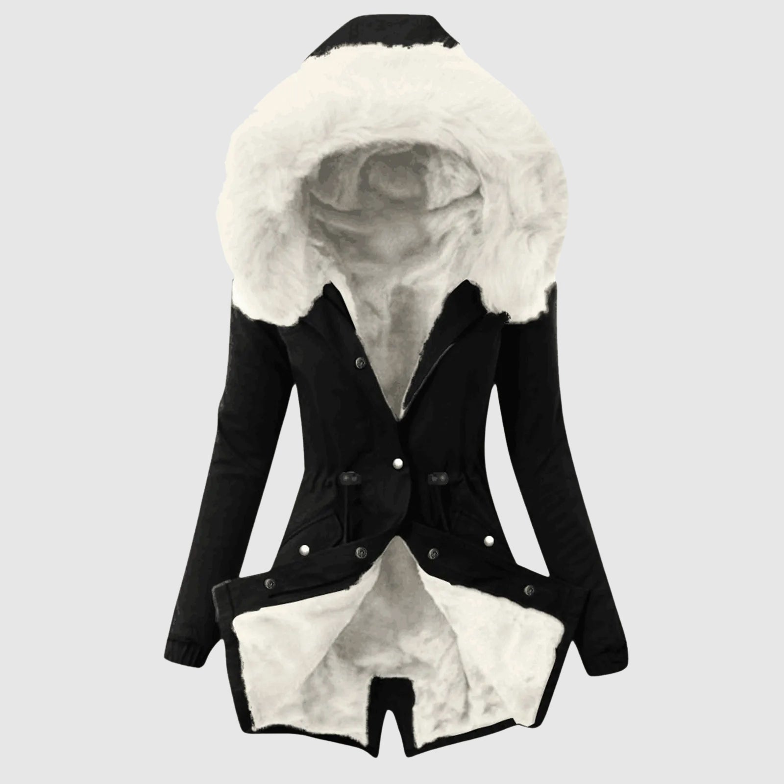Sofia Amoretti cozy hooded parka by Lumina Wear featuring a sleek zipper closure and warm, stylish outerwear for cold weather.