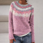 Sofia Amoretti Lumina knit sweater with patterned design, relaxed fit crewneck, soft fabric, and ribbed cuffs in neutral tones.