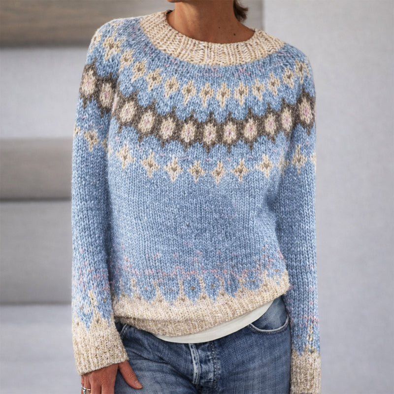 Sofia Amoretti Lumina Knit Sweater featuring a patterned relaxed fit crewneck with long sleeves and cozy knit fabric.