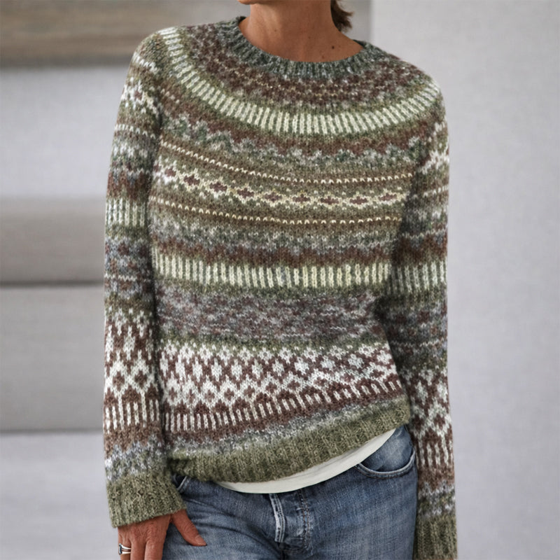 Sofia Amoretti Lumina knit sweater with a patterned relaxed fit crewneck, featuring soft fabric and stylish design.