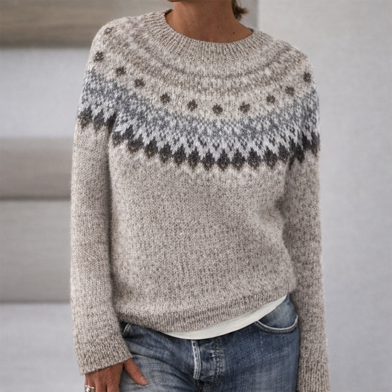 Sofia Amoretti Lumina knit sweater with a patterned relaxed fit crewneck, featuring soft fabric and stylish design.