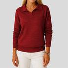 Sofia Amoretti Lumina knit sweater with relaxed fit, polo collar, and ribbed cuffs, displayed on a model.