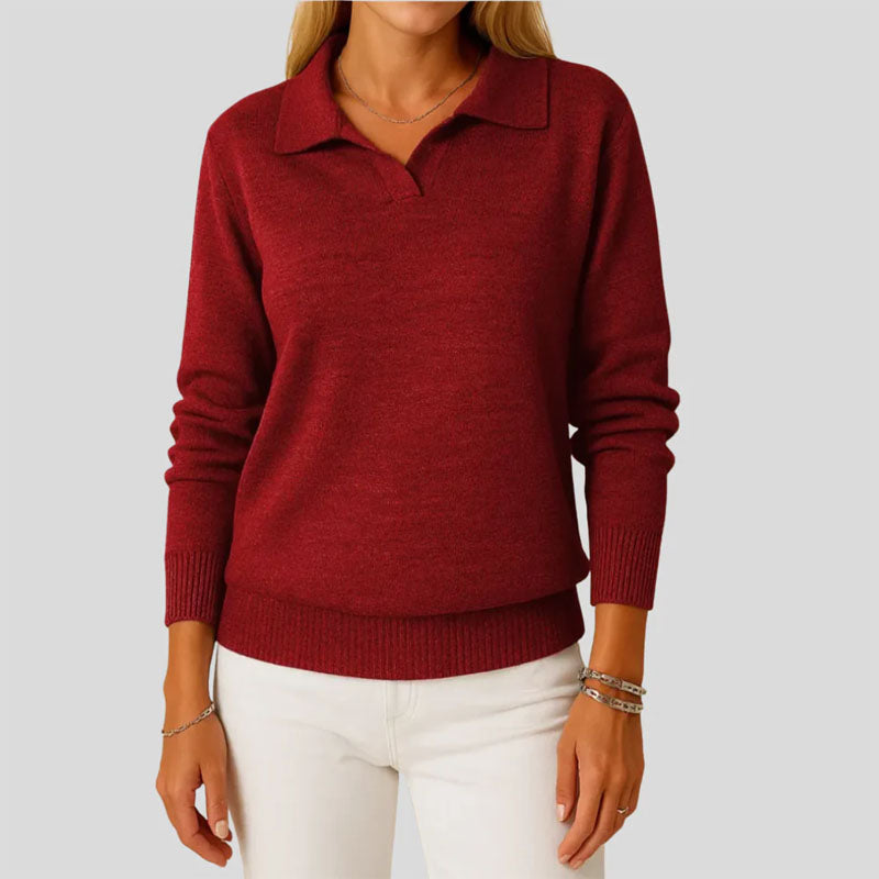 Sofia Amoretti Lumina knit sweater with relaxed fit, polo collar, and ribbed cuffs, displayed on a model.