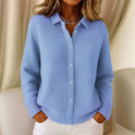 Lumina Wear Sofia collared knit cardigan with button-up front and clean closure, showcased in a cozy, stylish knit fabric.