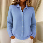 Lumina Wear Sofia women's collared knit cardigan with button-up front and clean closure, displayed on a hanger.