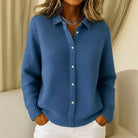 Lumina Wear Sofia women's knit cardigan with collared design and clean front closure, styled with long sleeves and a fitted look.