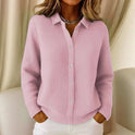 Lumina Wear Sofia collared button-up knit cardigan with clean front closure, shown in a cozy, stylish knit design.