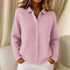 Lumina Wear Sofia women's knit cardigan with collared design, button-up front and clean closure, displayed on a model.