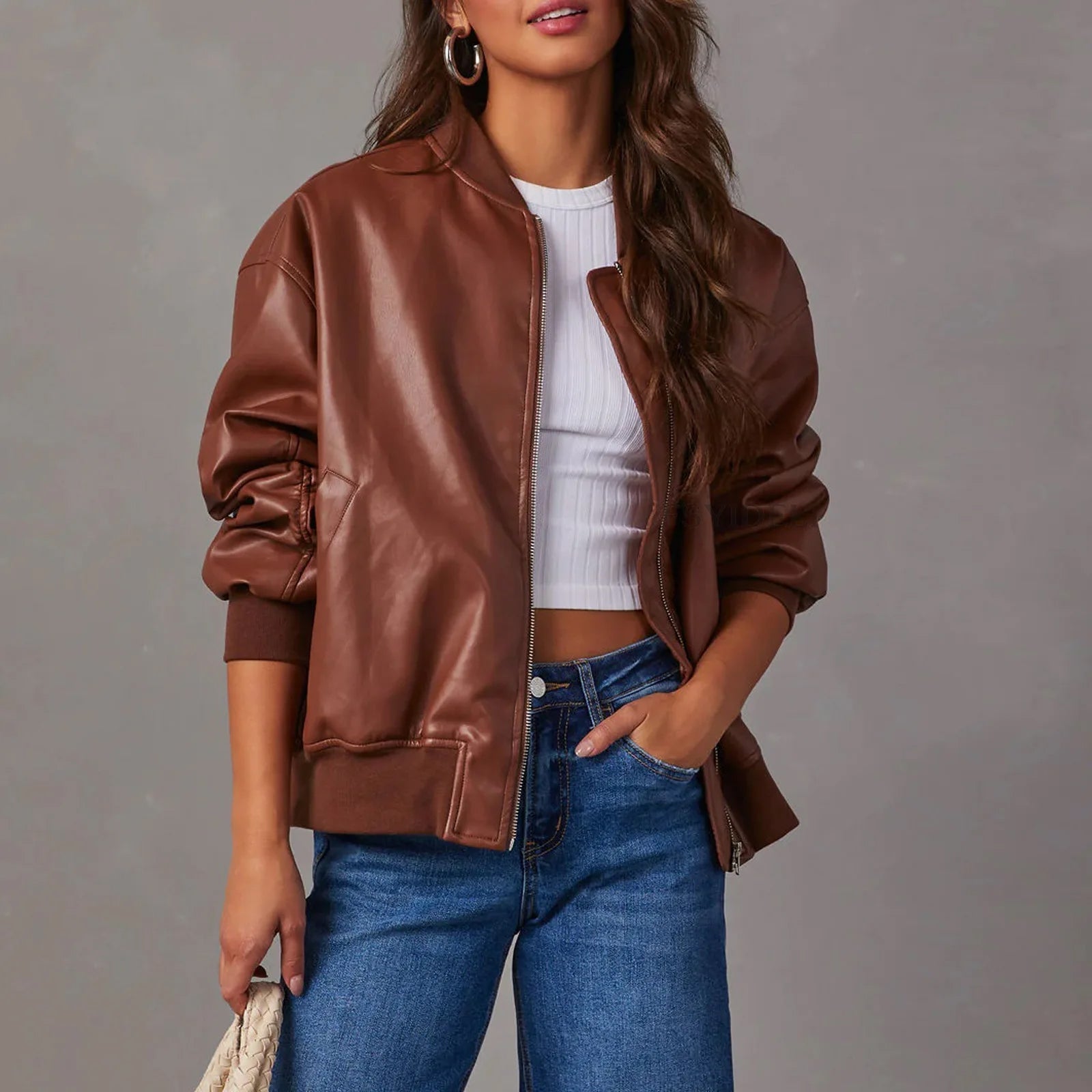 Sofia edgy faux leather jacket with sleek band collar from Lumina Wear, featuring a fitted design and stylish details.