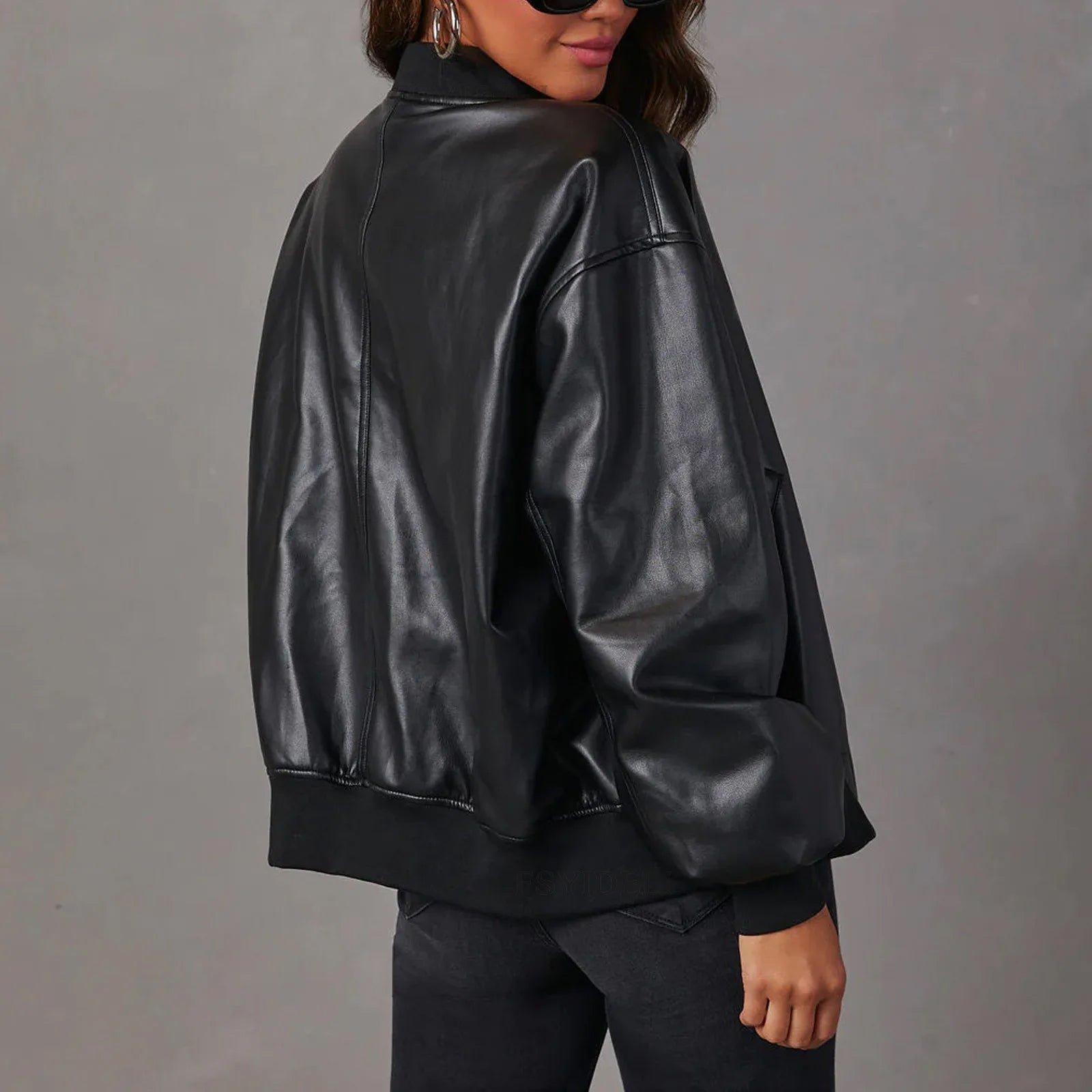 Sofia edgy faux leather jacket with sleek band collar by Lumina Wear, featuring stylish design and modern silhouette.