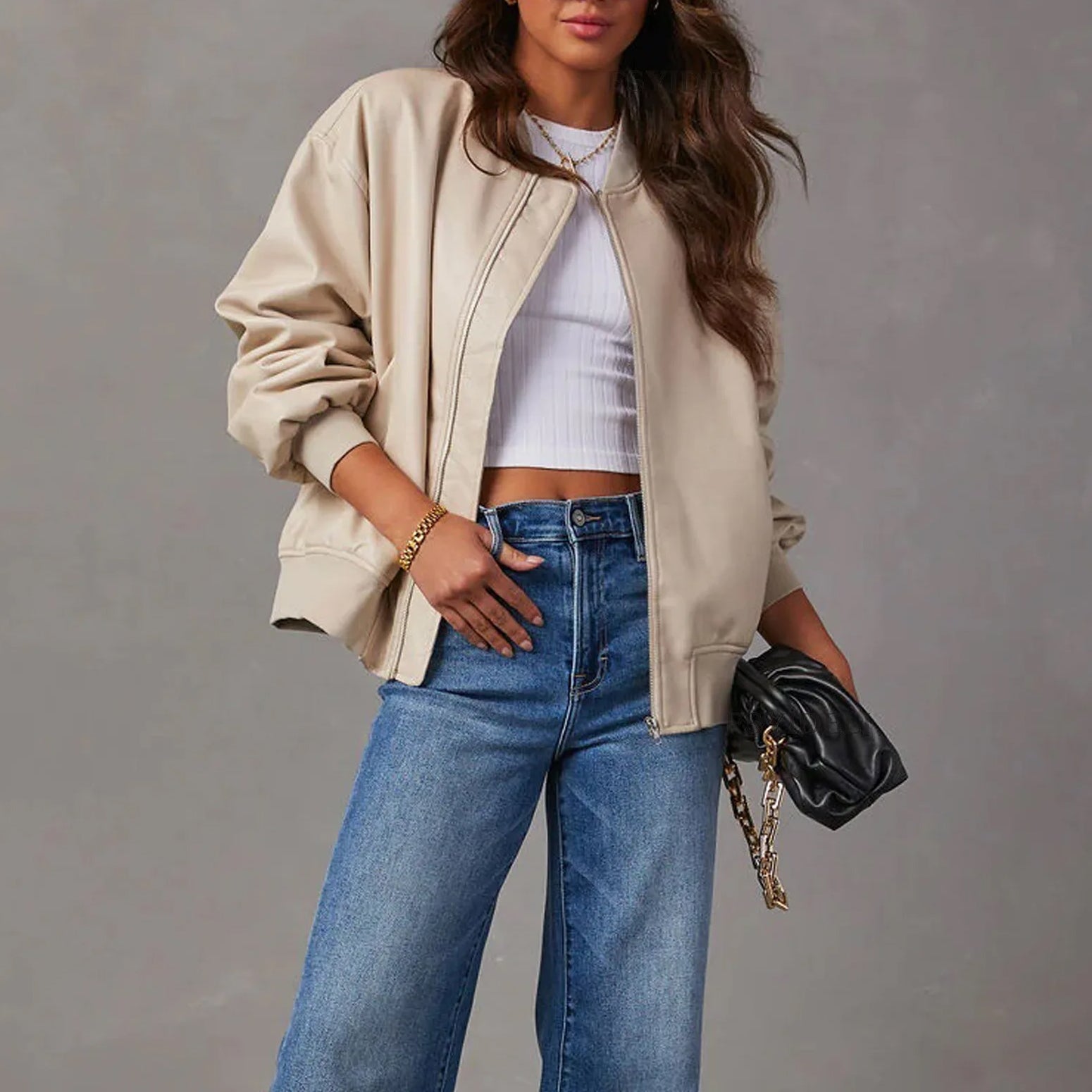 Sofia faux leather jacket with sleek band collar from Lumina Wear, featuring edgy design and fitted style.