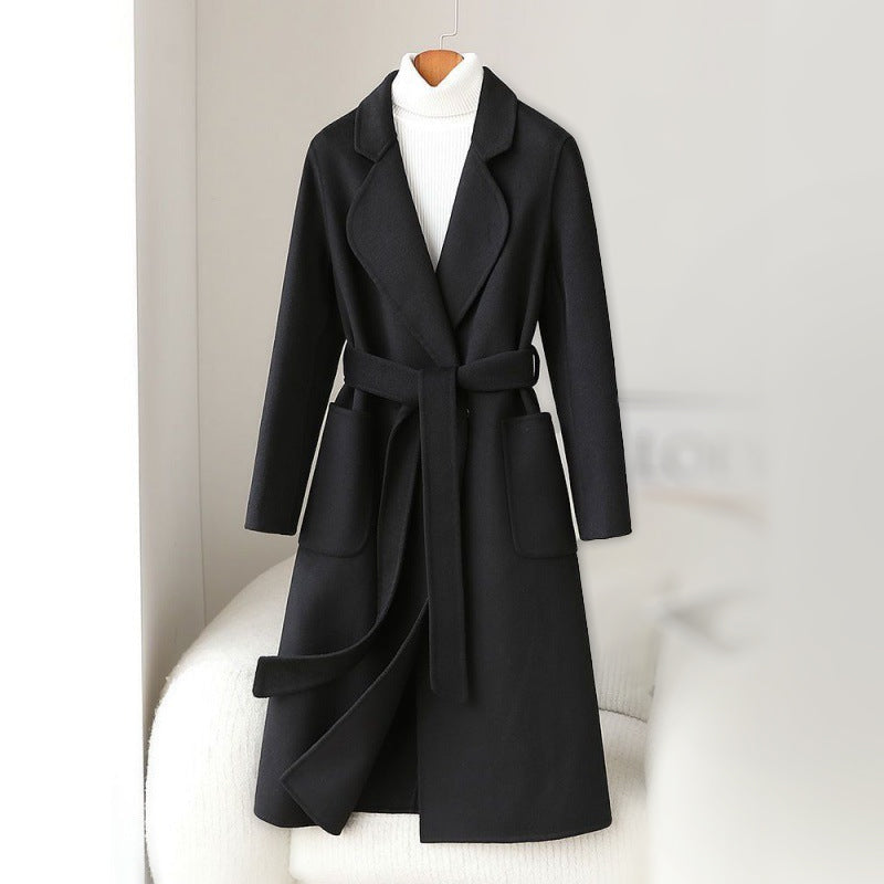 Lumina Wear Sofia monochrome wool coat with waist belt, women's stylish winter outerwear, elegant and warm coat for cold weather.