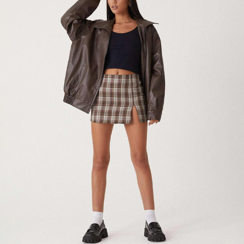 Lumina Wear Sofia oversized faux leather bomber jacket with relaxed fit, featuring a stylish collar and zip closure.