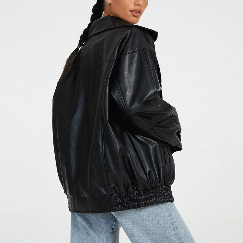 Sofia oversized faux leather bomber jacket by Lumina Wear, relaxed fit with stylish details, shown on a model.