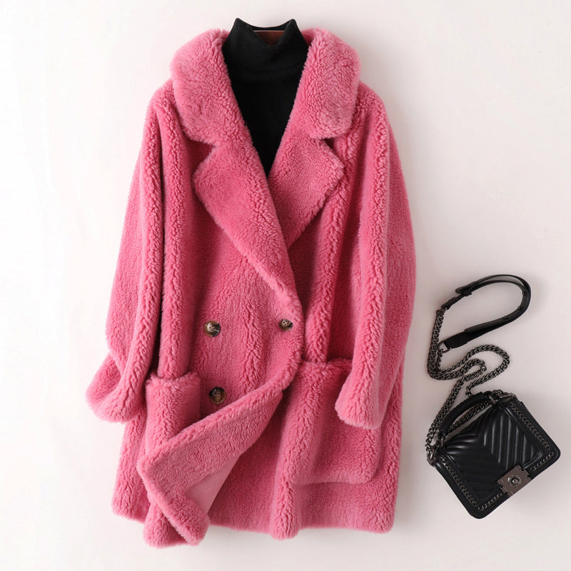 Sofia oversized textured shearling winter coat with wide lapels by Lumina Wear, featuring a plush, cozy design and stylish silhouette.