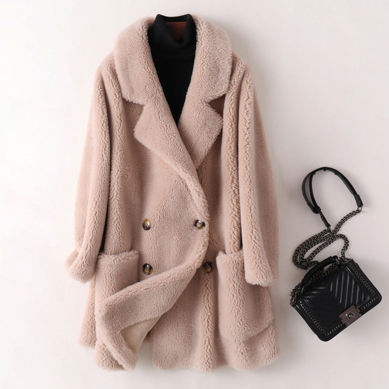 Sofia oversized textured shearling winter coat with wide lapels by Lumina Wear, showcasing a plush, warm outerwear design.