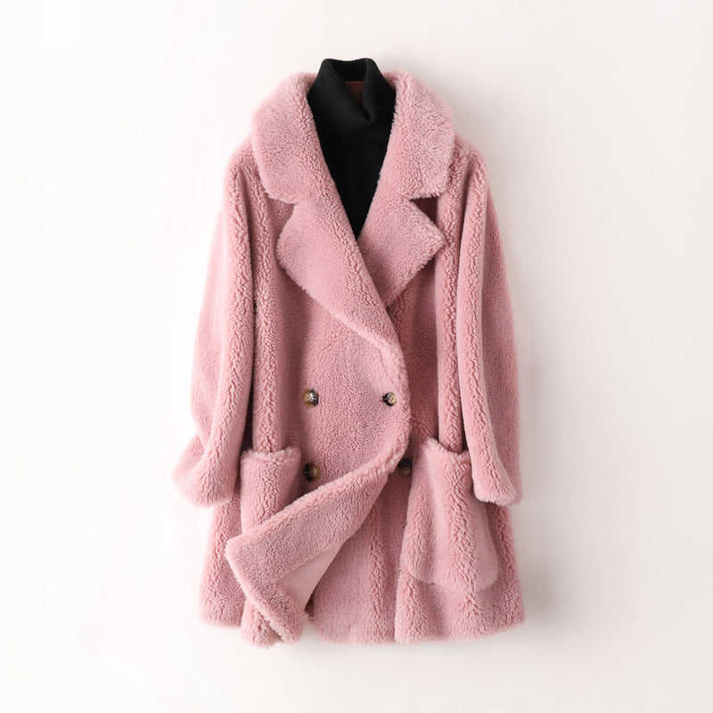 Sofia oversized textured shearling winter coat with wide lapels by Lumina Wear, showcasing a warm, plush shearling interior and stylish design.