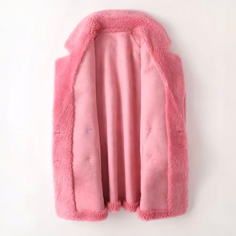 Sofia oversized textured shearling winter coat with wide lapels by Lumina Wear, showcasing plush fabric and stylish design.