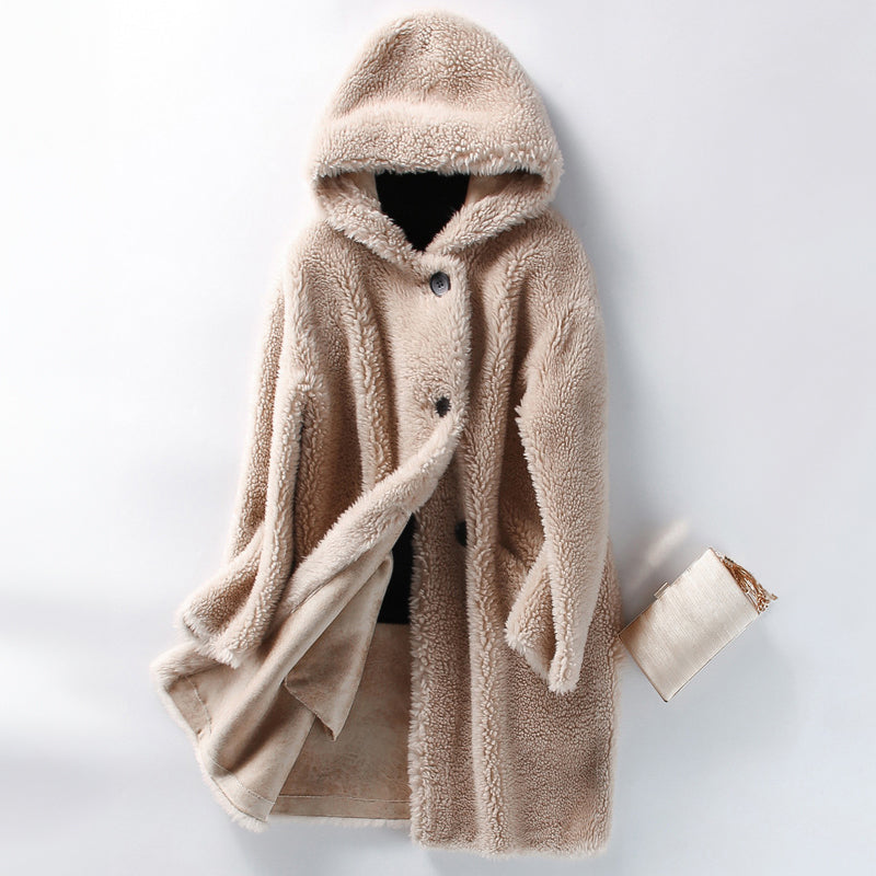 Lumina Wear Sofia plush oversized teddy coat with hood, large buttons, cozy fit, perfect for women's winter outerwear.