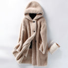 Lumina Wear Sofia plush oversized teddy winter coat with hood, shown in a cozy, warm brown color for women.