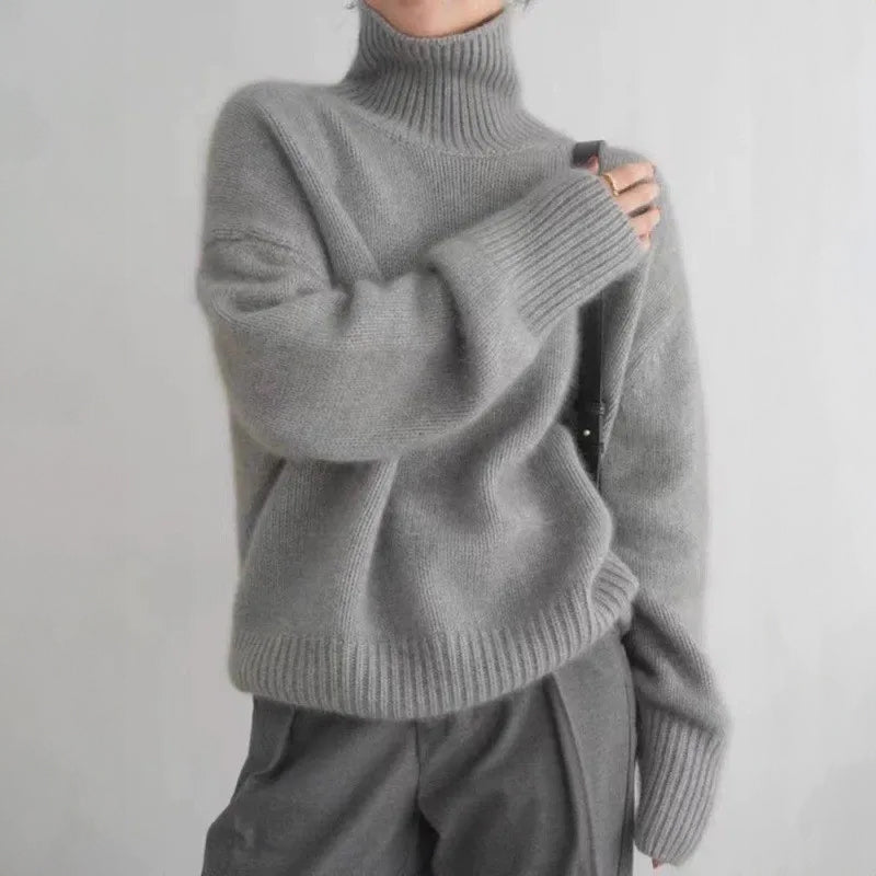 Lumina Wear Sofia relaxed ribbed turtleneck sweater for women with dropped shoulders, cozy pullover with a relaxed fit and ribbed texture.