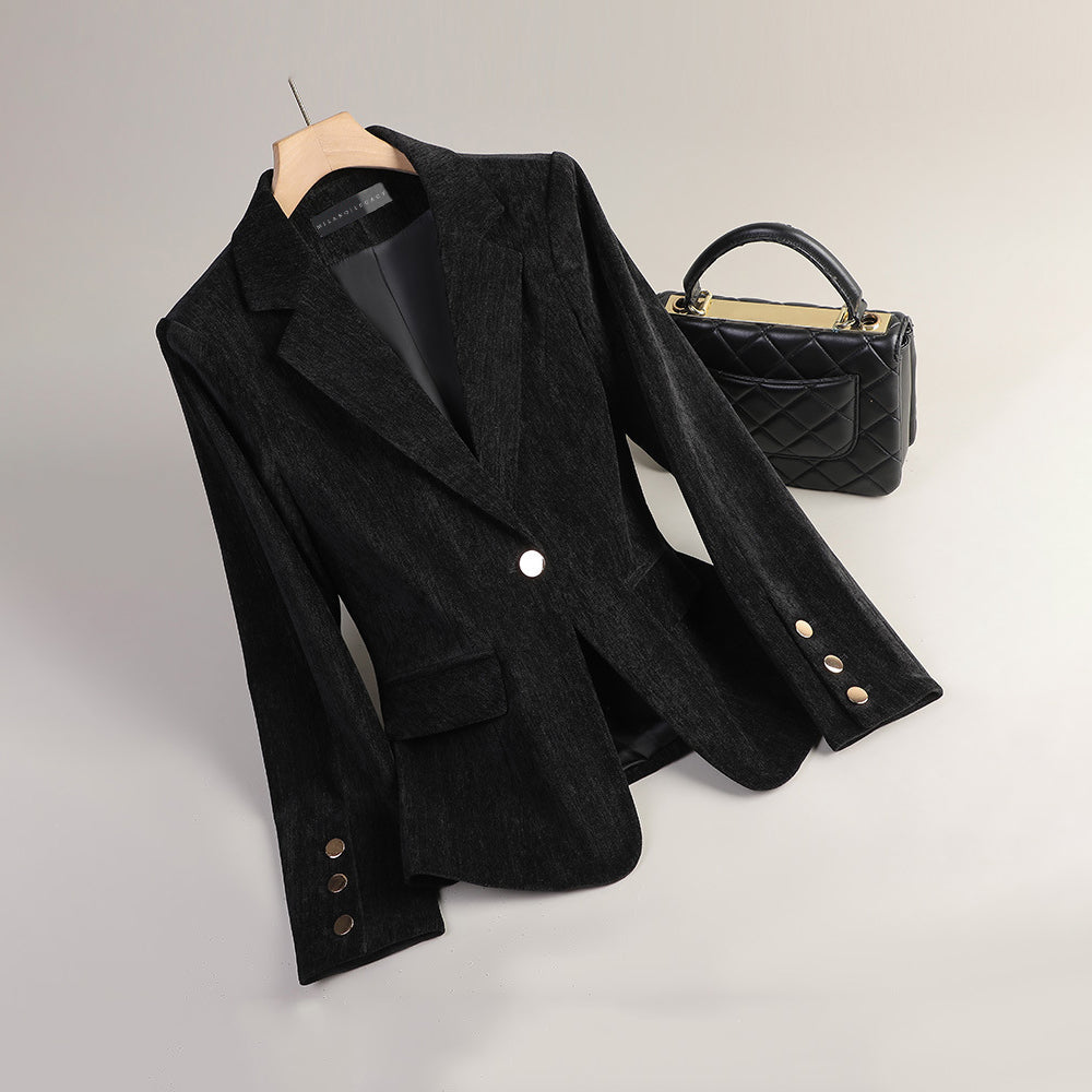 Women's slim tailored velvet blazer with radiant texture by Lumina Wear, shown in a sophisticated fit and deep velvet finish.
