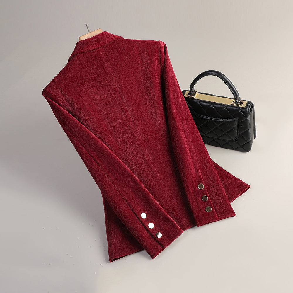 Luxurious velvet blazer for women by Lumina Wear featuring a slim tailored fit and radiant textured fabric.