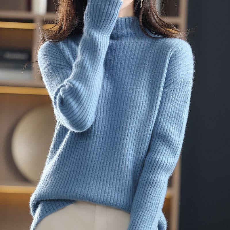 Cream and navy striped oversized turtleneck sweater for women by Lumina Wear, casual cozy style, loose fit and soft fabric.
