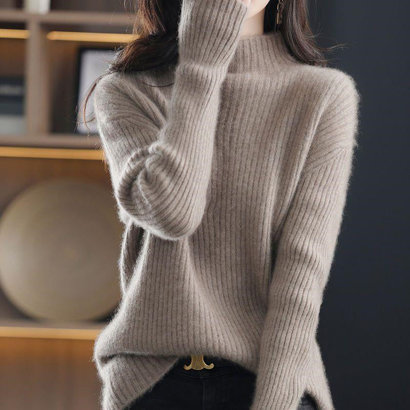 Light gray and white striped oversized women's turtleneck sweater by Lumina Wear, cozy and casual with a relaxed fit.