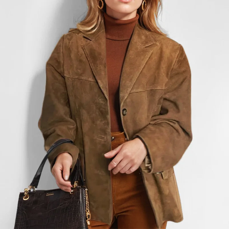 Sofia structured suede jacket by Lumina Wear featuring tailored fit and practical pockets, shown in a stylish, close-up image.