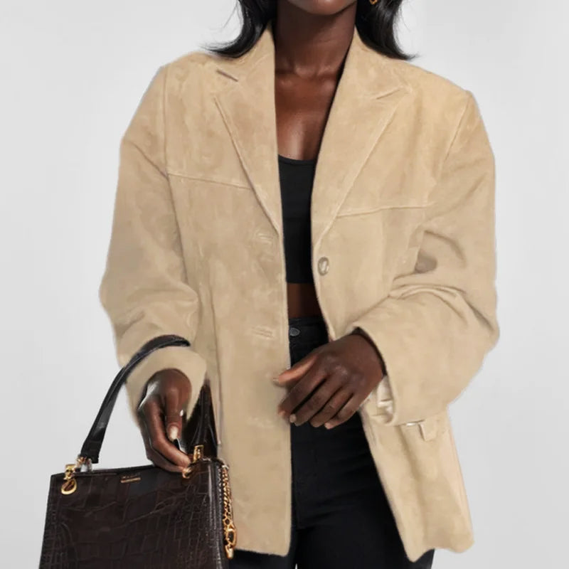 Structured suede jacket named Sofia by Lumina Wear, featuring tailored fit and practical pockets in a stylish, modern design.