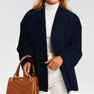 Sofia tailored structured suede jacket by Lumina Wear featuring practical pockets and a sleek, modern design.
