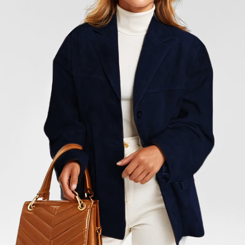 Sofia tailored structured suede jacket by Lumina Wear featuring practical pockets and a sleek, modern design.