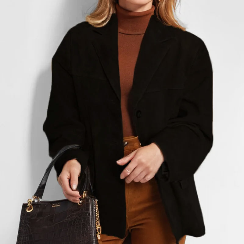 Structured suede jacket named Sofia by Lumina Wear featuring tailored fit and practical pockets in a stylish jacket design.