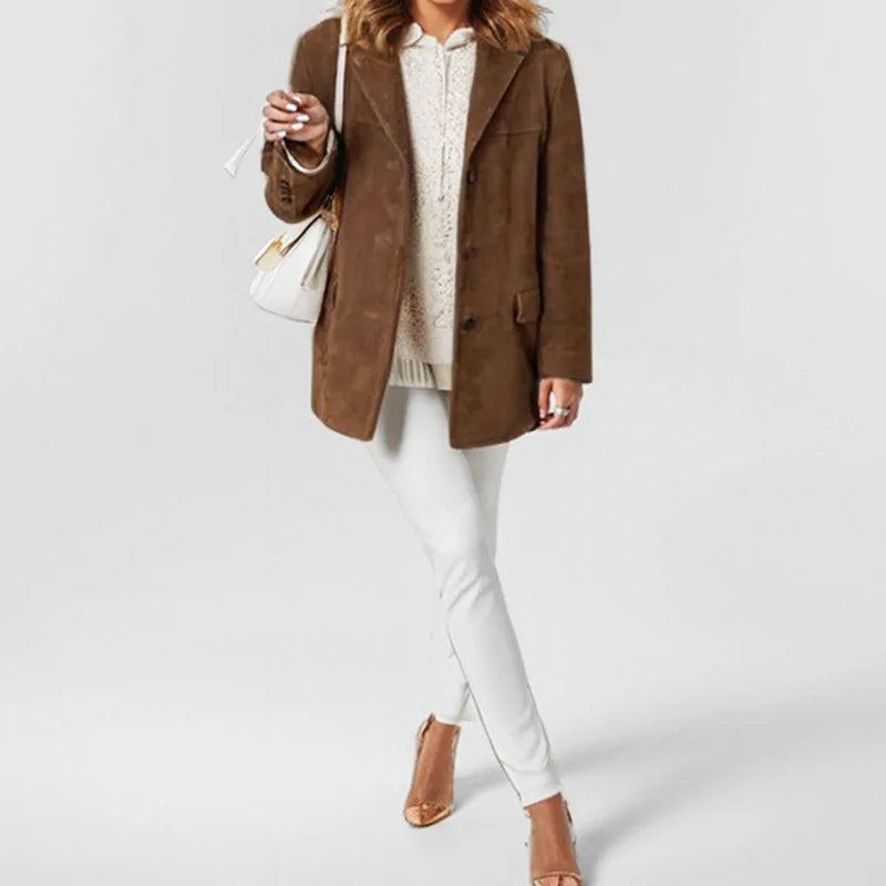 Structured suede jacket with tailored fit and practical pockets by Lumina Wear, shown in a stylish design.